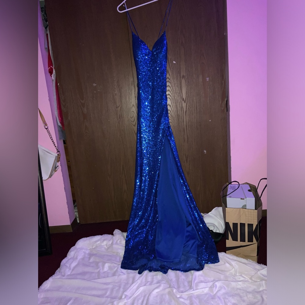 Dark blue glittery prom dress